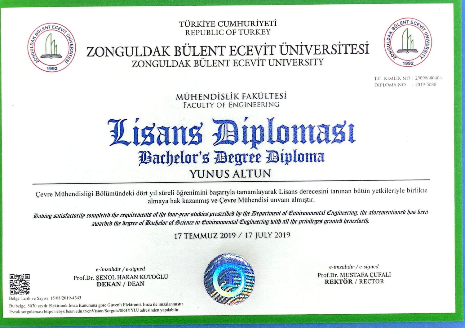 Çevre Mühendisliği Lisans Diploması — Zonguldak Bülent Ecevit Üniversitesi