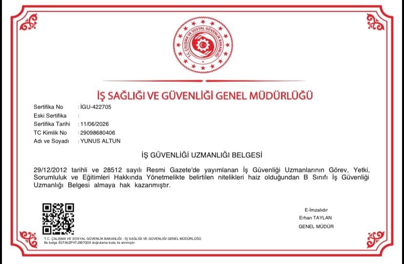 İş Güvenliği Uzmanlığı Belgesi — İş Sağlığı ve Güvenliği Genel Müdürlüğü